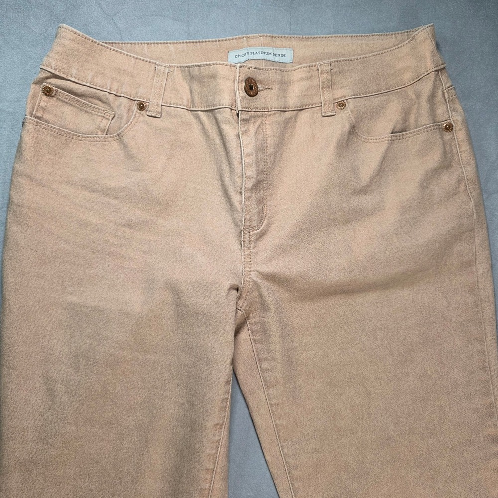 Chico's Platinum Denim Rose Gold Peach Beige Straight Leg Jeans Stretch 1 / 8 - Picture 2 of 12